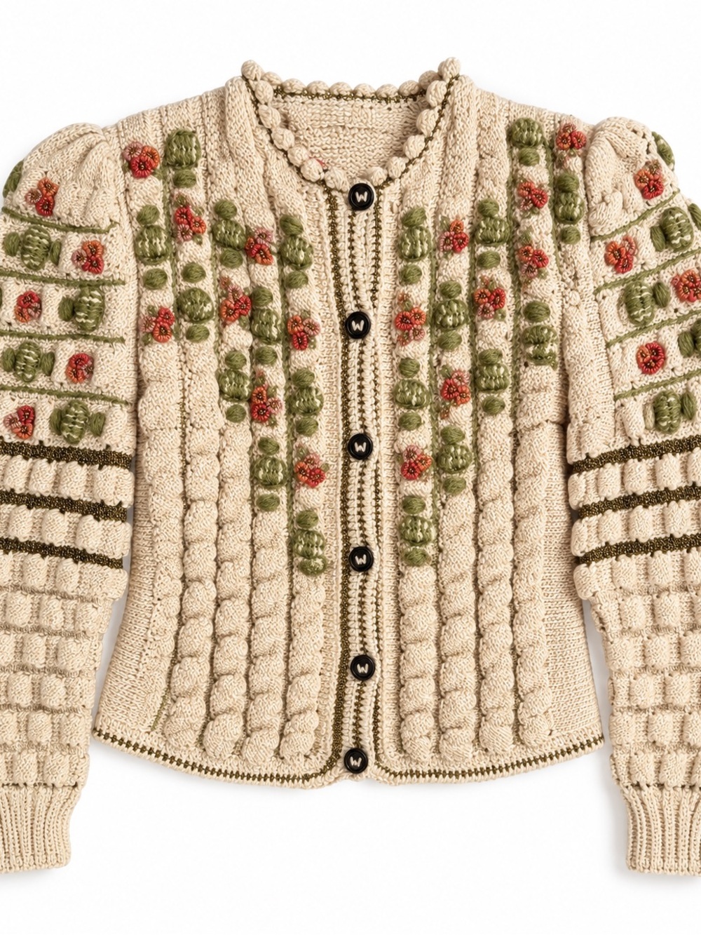 Hand-Knit Cream Floral Button-Front Sweater Cardigan - Picture 2 of 8